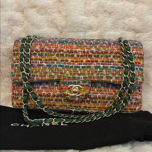 Chanel Classic Rainbow Boucle Runway Multicolor Tweed Double Flap Medium Bag